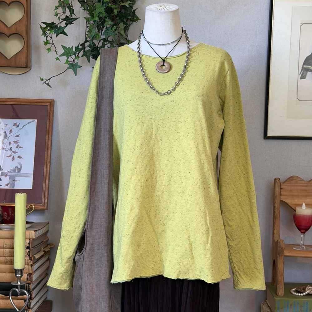 Green Speckled Cotton Chunky Top Raw Hem Boho Granola XL Cozy Fall Indie Grunge